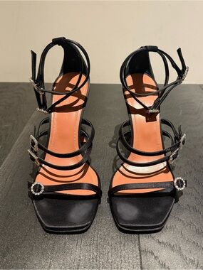 Amina Muaddi Black Strappy Rhinestone Buckle High Heel Sandals